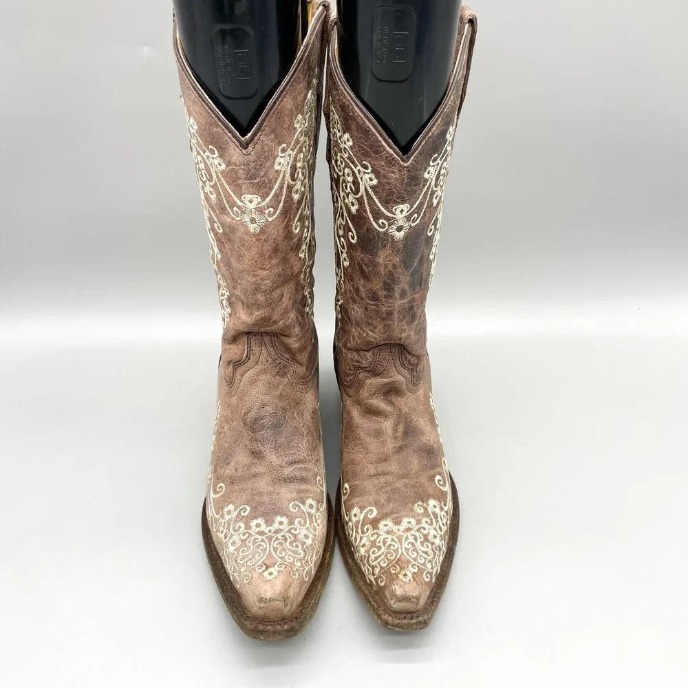 Corral Teens Size 6 Bone Floral Western Cowboy Boots Brown Leather Rustic Rodeo